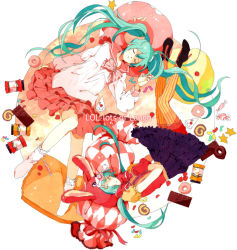 Rule 34 | 1girl, animal ears, animal hat, aqua hair, bad id, bad pixiv id, bandaid, bonnet, cake, candy, chocolate, closed eyes, doughnut, dual persona, food, gomosawa, hat, hatsune miku, jelly bean, lol -lots of laugh- (vocaloid), long hair, lots of laugh, orange pantyhose, pantyhose, pastry, rabbit ears, skirt, solo, striped clothes, striped pantyhose, twintails, vertical-striped clothes, vertical-striped pantyhose, very long hair, vocaloid
