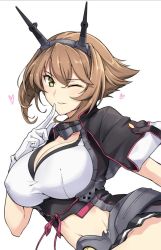 Rule 34 | 1girl, black capelet, black skirt, breasts, brown hair, capelet, cleavage, collar, collarbone, finger to mouth, flipped hair, gloves, green eyes, halcon, headgear, kantai collection, large breasts, looking at viewer, metal belt, metal collar, midriff, mutsu (kancolle), mutsu kai ni (kancolle), navel, one eye closed, pleated skirt, short hair, simple background, skirt, solo, upper body, white background, white gloves