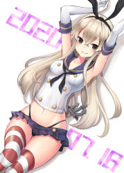 Rule 34 | 1girl, armpits, arms up, bad anatomy, bad arm, black neckerchief, black panties, blonde hair, blue sailor collar, blue skirt, blush, collarbone, crop top, dated, gluteal fold, grey eyes, hair between eyes, highleg, highleg panties, highres, kamidanomi, kantai collection, long hair, miniskirt, navel, neckerchief, panties, pleated skirt, sailor collar, shimakaze (kancolle), simple background, skirt, sleeveless, smile, solo, striped clothes, striped thighhighs, thigh gap, thighhighs, thighs, underwear, white background