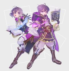 Rule 34 | 1boy, 1girl, ahoge, black hair, blue eyes, blush, book, dress, dual persona, fire emblem, fire emblem awakening, fire emblem heroes, full body, gloves, highres, hood, hooded jacket, itou (very ito), jacket, looking at viewer, magic, morgan (female) (fire emblem), morgan (fire emblem), morgan (male) (fire emblem), nintendo, open mouth, short hair, smile, thighhighs