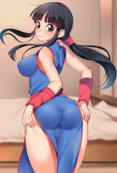 Rule 34 | 1girl, ?, ass, bare arms, bare shoulders, bed, bedroom, black eyes, black hair, blunt bangs, blush, breasts, chi-chi (dragon ball), china dress, chinese clothes, commentary request, dragon ball, dragonball z, dress, from behind, hands on own ass, highres, hime cut, indoors, kippuru, large breasts, long hair, looking at viewer, looking back, pantylines, pillow, ponytail, sleeveless, sleeveless dress, solo, sweatdrop, thong