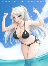 Rule 34 | 1girl, bikini, breasts, character name, cleavage, collarbone, conte di cavour (kancolle), day, highres, jewelry, kantai collection, large breasts, long hair, looking at viewer, necklace, odachu, official alternate costume, open mouth, outdoors, purple eyes, solo, swimsuit, wading, white hair