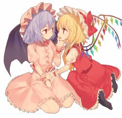 Rule 34 | 2girls, ascot, bat wings, black legwear, blonde hair, bow, crystal, flandre scarlet, hat, hat bow, hat ribbon, kitada mo, light purple hair, mob cap, multiple girls, nail polish, no shoes, open mouth, puffy sleeves, red eyes, remilia scarlet, ribbon, seiza, short hair, short sleeves, siblings, simple background, sisters, sitting, touhou, white background, wings, wrist cuffs