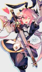 Rule 34 | 1boy, animal ears, astolfo (fate), astolfo (saber) (fate), astolfo (saber) (third ascension) (fate), black bow, black bowtie, black gloves, black thighhighs, bow, bowtie, dress, drop shadow, fake animal ears, fang, fate/grand order, fate (series), glint, gloves, grey background, hair bow, hair intakes, heart, highres, holding, holding sword, holding weapon, long hair, long sleeves, low twintails, male focus, maon (vava0210), multicolored hair, one eye closed, open mouth, pink eyes, pink hair, purple eyes, rabbit ears, scabbard, sheath, sheathed, signature, skin fang, solo, standing, standing on one leg, streaked hair, sword, thighhighs, trap, twintails, v, very long hair, weapon, white hair, wing collar