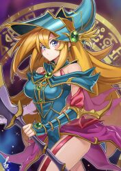 Rule 34 | 1girl, bare shoulders, blue eyes, blush, blush stickers, boots, breasts, duel monster, green eyes, hair between eyes, hat, highres, holding, holding staff, inomata konomu, large breasts, long hair, looking at viewer, magician&#039;s valkyria, orange hair, parted lips, solo, staff, thighhighs, vambraces, wizard hat, yu-gi-oh!