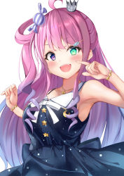 Rule 34 | 1girl, :d, armlet, armpits, blush, breasts, candy hair ornament, crown, food-themed hair ornament, green eyes, hair ornament, hair rings, half updo, heterochromia, highres, himemori luna, himemori luna (sundress), hololive, jewelry, large breasts, long hair, looking at viewer, multicolored eyes, necklace, neko usagi (nekousagi jpn), open mouth, pink hair, purple eyes, simple background, smile, tagme, virtual youtuber, white background