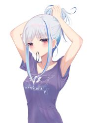 Rule 34 | 1girl, absurdres, armpits, arms up, bad id, bad pixiv id, bare arms, blouse, haru (haru83380282), highres, lize helesta, long hair, mouth hold, nijisanji, ponytail, print shirt, purple shirt, red eyes, shirt, short sleeves, sidelocks, simple background, solo, tying hair, upper body, virtual youtuber, white background, white hair