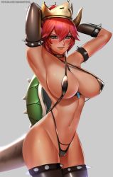 Rule 34 | 1girl, armpits, arms behind head, arms up, badcompzero, bikini, blue eyes, blush, bowsette, breasts, cleavage, grin, highres, horns, large breasts, looking at viewer, mario (series), navel, new super mario bros. u deluxe, nintendo, red hair, slingshot swimsuit, smile, solo, standing, super crown, super mario bros. 1, swimsuit, tagme
