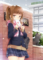 Rule 34 | 1girl, against wall, bag, blazer, blush, brown hair, cat, cloud, cloudy sky, commentary request, covering own mouth, day, envelope, hair ornament, hazuki natsu, heart, holding, holding letter, jacket, letter, looking at viewer, love letter, original, outdoors, pink scarf, ponytail, scarf, school, school uniform, sitting, skirt, sky, snow, snowing, solo, standing
