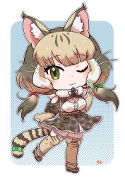 Rule 34 | 1girl, animal ears, belt, blue background, camouflage, cat ears, cat girl, cat tail, elbow gloves, extra ears, full body, gloves, green eyes, grey hair, highres, jacket, jungle cat (kemono friends), kemono friends, kemono friends v project, kneehighs, long hair, looking at viewer, microphone, mugise hitsuji, one eye closed, ribbon, shirt, shoes, simple background, skirt, socks, solo, tail, twintails, virtual youtuber