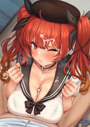 Rule 34 | 1boy, 1girl, absurdres, azur lane, beret, black choker, black ribbon, blush, bra, bra visible through clothes, breasts, breasts squeezed together, censored, choker, cleavage, collarbone, commander (azur lane), eyebrows, from above, hair ribbon, hands up, hat, heavy breathing, highres, honolulu (azur lane), honolulu (umbrella girl) (azur lane), lace, lace-trimmed bra, lace trim, large breasts, long hair, looking at viewer, momo no sukebe, mosaic censoring, paizuri, paizuri under clothes, penis, pout, pov, red eyes, red hair, ribbon, sailor collar, school uniform, see-through, serafuku, short sleeves, solo focus, spread legs, twintails, underwear