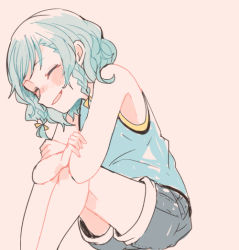 Rule 34 | 1girl, ^ ^, bang dream!, blue hair, braid, casual, closed eyes, crossed arms, closed eyes, happy, hikawa hina, itomugi-kun, muted color, pink background, short hair, shorts, side braids, sitting, smile, solo, twin braids