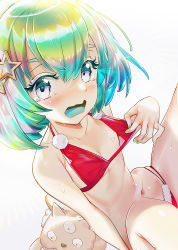 Rule 34 | androgynous, bare shoulders, bikini, bikini pull, blue eyes, blue hair, blush, bra, bra pull, character request, christmas, clothes pull, commentary request, dan evan, diamond (houseki no kuni), embarrassed, fingernails, flat chest, fur trim, gender request, green nails, grey background, hair ornament, houseki no kuni, looking at viewer, multicolored hair, nail polish, navel, open mouth, pulled by self, red bikini, short hair, star (symbol), star hair ornament, sweat, swimsuit, tears, underwear