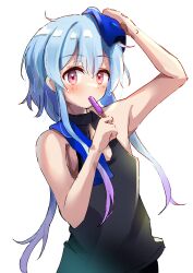 Rule 34 | 1boy, absurdres, arknights, arm up, armpits, black tank top, blue hair, blush, commentary, eating, food, gradient hair, highres, light blue hair, looking at viewer, male focus, mizuki (arknights), multicolored hair, pink eyes, pink hair, popsicle, riu kawano, simple background, solo, sweat, tank top, towel, towel on head, upper body, white background