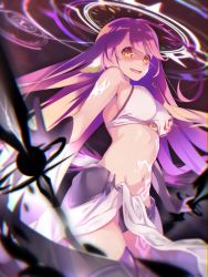 Rule 34 | 1girl, angel wings, asymmetrical legwear, blush, breasts, bridal gauntlets, spiked halo, crop top, cross, drooling, feathered wings, fuchima, gloves, halo, jibril (no game no life), long hair, low wings, magic circle, medium breasts, midriff, mismatched legwear, navel, no game no life, pink hair, saliva, sideboob, solo, symbol-shaped pupils, tattoo, thighhighs, very long hair, white wings, wing ears, wings, yellow eyes