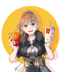 Rule 34 | 1girl, absurdres, apron, belt, black shirt, blouse, blue eyes, brown hair, chip (c chip), circle, dated, drink, drinking straw, food, french fries, grey neckwear, highres, intrepid (kancolle), kantai collection, looking at viewer, mcdonald&#039;s, neck pillow, open mouth, ponytail, shirt, short hair, signature, simple background, smile, solo, star-shaped pupils, star (symbol), symbol-shaped pupils, teeth, two-tone background, upper body, upper teeth only, white background