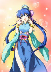 Rule 34 | 1girl, armlet, blue eyes, blue hair, bracer, china dress, chinese clothes, dress, jewelry, long hair, lots of jewelry, low-tied long hair, matsukura nemu, one eye closed, san chin, sangokushi taisen, twintails, wink