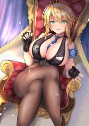 Rule 34 | 1girl, absurdres, alternate costume, armband, artoria pendragon (fate), artoria pendragon (lancer) (fate), between breasts, blonde hair, breasts, collarbone, cosplay, crossed legs, fate/grand order, fate (series), fingerless gloves, gloves, green eyes, highres, huge filesize, large breasts, long hair, looking at viewer, necktie, necktie between breasts, nuts (hazel-nuts), pantyhose, sessyoin kiara, sessyoin kiara (swimsuit mooncancer), sesshouin kiara (swimsuit mooncancer) (cosplay), sessyoin kiara (swimsuit mooncancer) (second ascension), sitting, smile, solo, throne