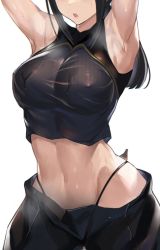 Rule 34 | 1girl, arknights, armpits, arms up, black hair, black panties, breasts, chong (547342983), covered erect nipples, dobermann (arknights), dog tail, highres, large breasts, long hair, midriff, navel, open mouth, panties, simple background, sleeveless, solo, sweat, tail, teeth, thong, underwear, white background