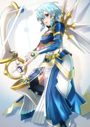 Rule 34 | 1girl, armor, black footwear, black thighhighs, blue armor, blue eyes, blue hair, boots, bow (weapon), breastplate, closed mouth, faulds, gloves, hair between eyes, highres, holding, holding bow (weapon), holding weapon, index finger raised, is ii, short hair, shoulder armor, sidelocks, sinon (solus), solo, sword art online, sword art online: alicization, thigh boots, thighhighs, weapon, white background, white gloves