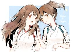 Rule 34 | 2girls, akagi (kancolle), anbutter siruko, blush, breasts, brown eyes, brown hair, character name, holding hands, japanese clothes, kaga (kancolle), kantai collection, long hair, multiple girls, open mouth, ponytail, side ponytail, simple background, star (symbol), tasuki, two-tone background, upper body