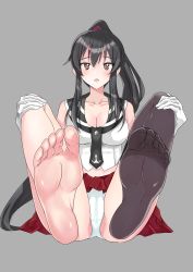 Rule 34 | 1girl, absurdres, barefoot, black hair, blush, breasts, brown eyes, cleavage, feet, hands on own knees, highres, kantai collection, long hair, looking at viewer, open mouth, panties, pantyshot, ponytail, see-through, see-through legwear, single sock, socks, soles, toes, underwear, yahagi (kancolle)