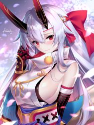 Rule 34 | 1girl, arm behind back, arm guards, armor, arms behind back, artist name, blush, breasts, fate/grand order, fate (series), gloves, hair between eyes, headband, high collar, horns, japanese armor, kousaki rui, oni horns, ribbon, sideboob, silver hair, slit pupils, solo, tomoe gozen (fate)