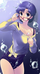 Rule 34 | 1990s (style), 1girl, bespectacled, bishoujo senshi sailor moon, blue eyes, blue hair, doriho, glasses, highres, mizuno ami, one-piece swimsuit, retro artstyle, school swimsuit, short hair, solo, sweater, swimsuit, swimsuit under clothes, tongue, tongue out