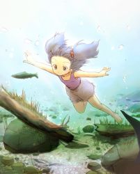 Rule 34 | 1girl, aged down, bad id, bad pixiv id, barefoot, blue eyes, blue hair, bubble, eijima moko, female focus, fish, hair bobbles, hair ornament, highres, kawashiro nitori, log, matching hair/eyes, no headwear, outstretched arms, rock, smile, solo, spread arms, swimming, touhou, twintails, two side up, underwater