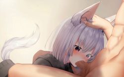 Rule 34 | 1boy, 1girl, abs, animal ears, animated, animated gif, bed, blush, breasts, censored, dog ears, dripping, fellatio, grey hair, haiba 09, oral, original, penis, red eyes, saliva, saliva trail, short hair, solo focus, tail