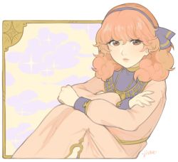 Rule 34 | 1girl, brown eyes, cape, curly hair, dress, fire emblem, fire emblem echoes: shadows of valentia, genny (fire emblem), hairband, jewelry, jivke, necklace, nintendo, pink hair, simple background, solo