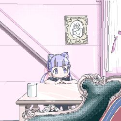 Rule 34 | 1girl, ^ ^, ^q^, animal ear hairband, animal ears, armchair, arms on table, black skirt, black sleeves, blunt bangs, cat ear hairband, cat ears, chair, commentary request, cup, curtains, dithering, dot mouth, expressionless, fake animal ears, hair ribbon, hairband, indoors, jaggy lines, lokulo-chan (lokulo no mawashimono), lokulo no mawashimono, long hair, looking to the side, low twintails, lowres, original, overexposure, picture frame, puffy short sleeves, puffy sleeves, purple eyes, purple hair, red ribbon, reference request, ribbon, short sleeves, sitting, skirt, solo, table, twintails, wide shot, window