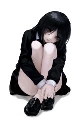 Rule 34 | 1girl, @ @, absurdres, black dress, black footwear, black hair, chainsaw man, closed mouth, collared dress, collared shirt, convenient leg, crossed legs, dress, egk513, expressionless, eyes visible through hair, facing viewer, female focus, fingernails, full body, head tilt, highres, hugging own legs, legs, legs together, long hair, looking at viewer, nayuta (chainsaw man), nose, pantyhose, red eyes, ringed eyes, shadow, shirt, shirt under dress, simple background, sitting, sleeves past wrists, solo, tsurime, white background, white pantyhose, white shirt