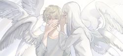 Rule 34 | 1boy, 1girl, angel, angel wings, blonde hair, closed eyes, collarbone, commentary request, covered mouth, covering own mouth, feathered wings, gawako, hand over own mouth, highres, long hair, long sleeves, looking at viewer, original, shirt, short hair, upper body, white background, white hair, white shirt, white theme, wings, yellow eyes