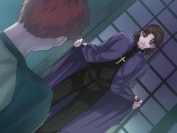 Rule 34 | 2boys, bad id, bad pixiv id, brown eyes, brown hair, cassock, clothes lift, cross, cross necklace, derivative work, dutch angle, emiya shirou, fate/stay night, fate (series), heaven&#039;s feel, jewelry, kotomine kirei, male focus, mmm ss, multiple boys, necklace, parody, raglan sleeves, red hair, signature, skirt, skirt lift, takeuchi takashi, third-party edit