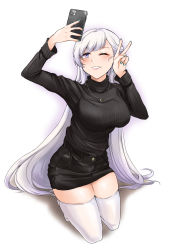 Rule 34 | 1girl, azur lane, belfast (azur lane), black shorts, black skirt, blue eyes, blush, cellphone, highres, jewelry, long hair, looking up, applying manicure, miniskirt, necklace, one eye closed, open mouth, os (kazos), phone, seiza, selfie, shorts, sitting, skirt, smartphone, smile, solo, thighhighs, thighs, turtleneck, v, very long hair, white background, white hair, white thighhighs