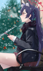 Rule 34 | 1girl, absurdres, animal ear fluff, animal ears, black jacket, black scarf, blue archive, blue hair, blue ribbon, blurry, cat ears, cellphone, christmas, christmas tree, commentary request, depth of field, extra ears, from side, hair ribbon, highres, holding, holding phone, jacket, long hair, long sleeves, looking to the side, ni de pengyou, on bench, open mouth, phone, pink skirt, plaid, plaid scarf, pleated skirt, red eyes, ribbon, scarf, school uniform, serika (blue archive), sitting, skirt, smartphone, snowing, solo, thighs, twintails
