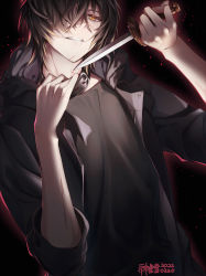 Rule 34 | 1boy, black background, black hair, black jacket, bleeding, blood, collar, dated, hair over one eye, hand up, highres, holding, holding knife, jacket, knife, looking at viewer, male focus, medium hair, scar, scar on face, scar on hand, slow damage, solo, standing, towa (slow damage), willfin, yellow eyes