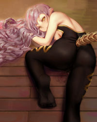 Rule 34 | 10s, 1girl, ass, back, bad id, bad pixiv id, bare shoulders, breasts, feet, gloves, granblue fantasy, highres, light purple hair, long hair, looking at viewer, lying, medusa (shingeki no bahamut), nipples, no shoes, on stomach, pointy ears, ru03s06, shingeki no bahamut, sideboob, small breasts, solo, tail, taut clothes, tears, very long hair, yellow eyes