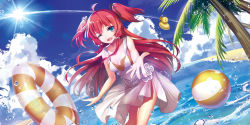 Rule 34 | 1girl, ;d, ahoge, ball, bare legs, beachball, bison cangshu, blue eyes, blush, dress, hair ribbon, highres, innertube, long hair, looking at viewer, ocean, one eye closed, open mouth, palm tree, red hair, ribbon, rubber duck, smile, solo, splashing, swim ring, tree, twintails, two side up, water, white dress