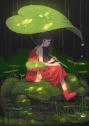 Rule 34 | 1girl, absurdres, aki a0623, black eyes, black hair, boots, braid, dress, female focus, grass, highres, leaf umbrella, lily pad, moss, nature, original, outdoors, rain, red dress, red footwear, sitting, smile, snail, solo, water