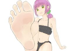 Rule 34 | 1girl, barefoot, feet, long hair, looking at viewer, open mouth, pashii, pink hair, soles, swimsuit, toes, yellow eyes