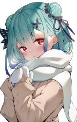 Rule 34 | 1girl, absurdres, bad id, bad twitter id, black ribbon, blue hair, blush, brown cardigan, butterfly hair ornament, cardigan, commentary request, darjeeling (reley), double bun, enpera, eyes visible through hair, green hair, hair bun, hair ornament, hair ribbon, hands up, highres, hololive, long sleeves, looking at viewer, mittens, multicolored hair, own hands together, parted lips, red eyes, ribbon, scarf, simple background, solo, streaked hair, upper body, uruha rushia, uruha rushia (school uniform), virtual youtuber, white background, white scarf