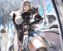 Rule 34 | 1girl, armor, banner, braid, breasts, female knight, french braid, hair between eyes, hololive, knight, large breasts, shirogane noel, shirogane noel (1st costume), skindentation, skirt, solo, thighhighs, virtual youtuber