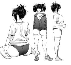 Rule 34 | 1girl, ass, back, breasts, buruma, from side, fumitan (humitan), greyscale, highres, jacket, looking at viewer, monochrome, original, shoes, sitting, skindentation, sneakers, thighhighs, thighs, twintails, wariza