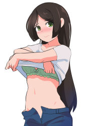 Rule 34 | 1girl, black hair, blue pants, blush, bow, bow bra, bra, clothes lift, collarbone, green bra, green eyes, head tilt, highres, lifting own clothes, long hair, looking at viewer, navel, open fly, original, pants, shirt, shirt lift, short sleeves, sidelocks, simple background, solo, surio, underwear, undressing, very long hair, white background, white shirt