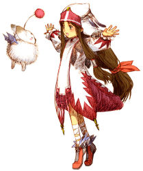 Rule 34 | 1girl, bandages, blush, brown hair, clavat, creature, final fantasy, final fantasy crystal chronicles, floating hair, full body, green eyes, habit, hair ribbon, hair tubes, long hair, low-tied long hair, moogle, open mouth, original, outstretched arms, ribbon, robe, sakamoto mineji, shoes, sidelocks, simple background, smile, solo, spread arms, square enix, standing, tiptoes, very long hair, white cap clavat, white mage (final fantasy)
