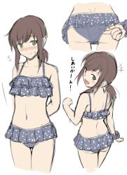Rule 34 | 1girl, adjusting clothes, adjusting swimsuit, arms behind back, bikini, black hair, blue bikini, blush, chaigidhiell, commentary request, cowboy shot, frilled bikini, frills, fubuki (kancolle), green eyes, highres, kantai collection, long hair, looking at viewer, low ponytail, multiple views, nose blush, polka dot, polka dot bikini, ponytail, short ponytail, sidelocks, simple background, standing, swimsuit, thigh gap, white background