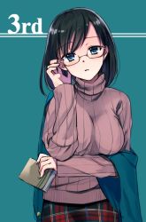Rule 34 | 1girl, black hair, blue eyes, blush, breasts, glasses, looking at viewer, original, plaid, plaid skirt, ribbed sweater, simple background, skirt, solo, sweater, takeuchi aya, turtleneck