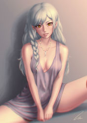 Rule 34 | 1girl, bare arms, bare shoulders, blurry, bottomless, braid, breasts, cleavage, collarbone, commission, elf, freckles, grey background, hair over shoulder, hair tie, head tilt, jewelry, long hair, looking at viewer, medium breasts, necklace, no bra, original, parted bangs, pointy ears, purple vest, shadow, side braid, signature, sitting, smile, solo, spread legs, umigraphics, v arms, vest, white hair, yellow eyes